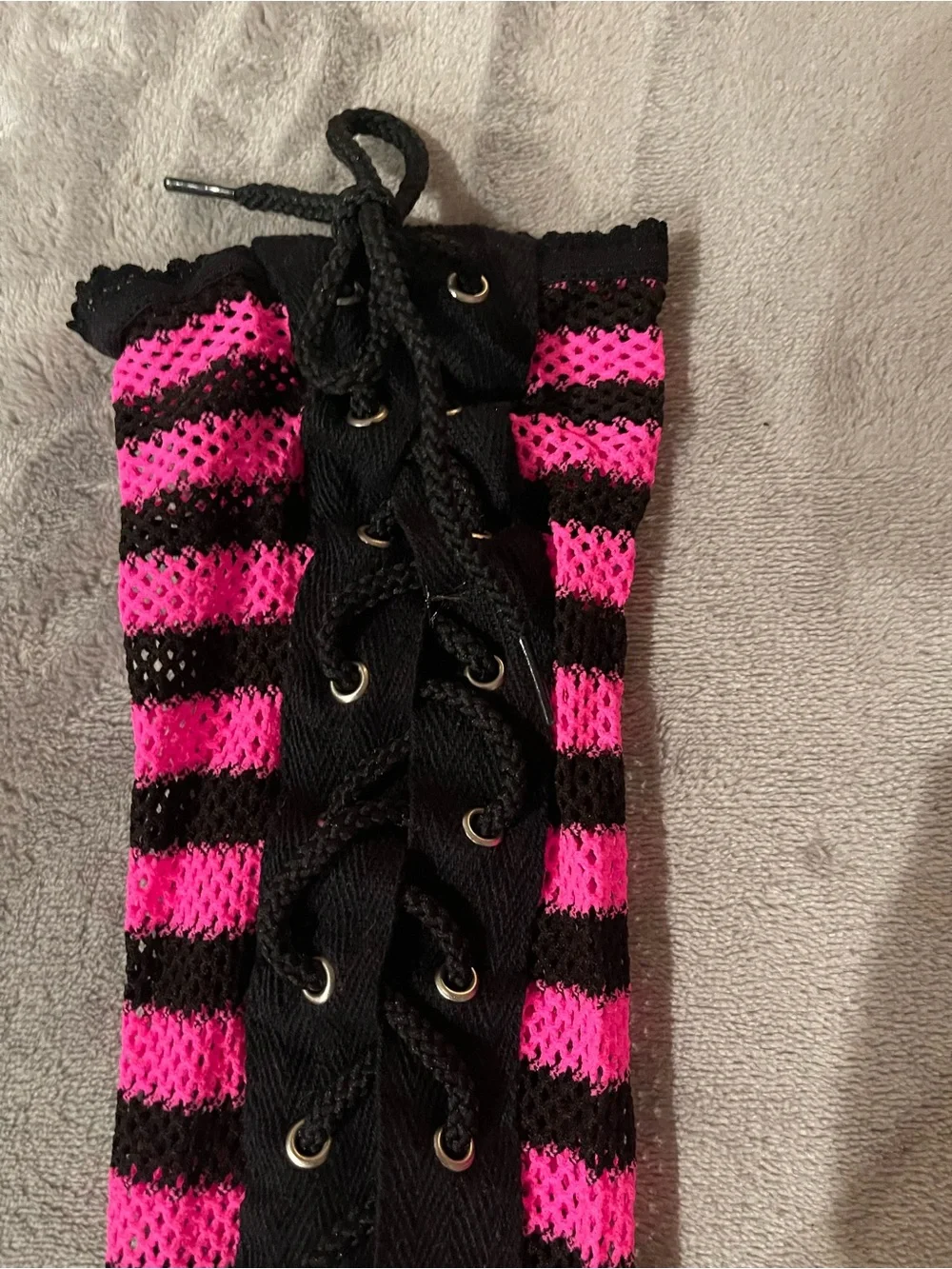 Pink and Black Striped Lace-Up Thigh-High Socks - Halloween Women Accessories